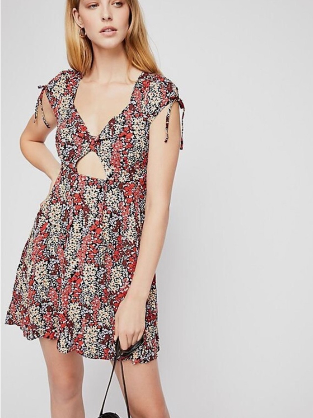 Free People Red Floral Tie-Sleeve Mini Dress